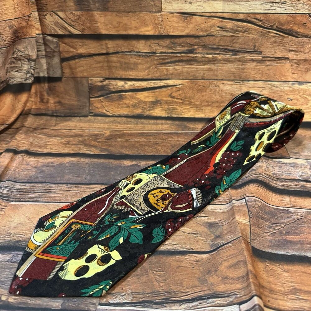 Designs by A Rogers Wine Cheese Tie Mens Black Red Grapes Bottle Novelty Necktie